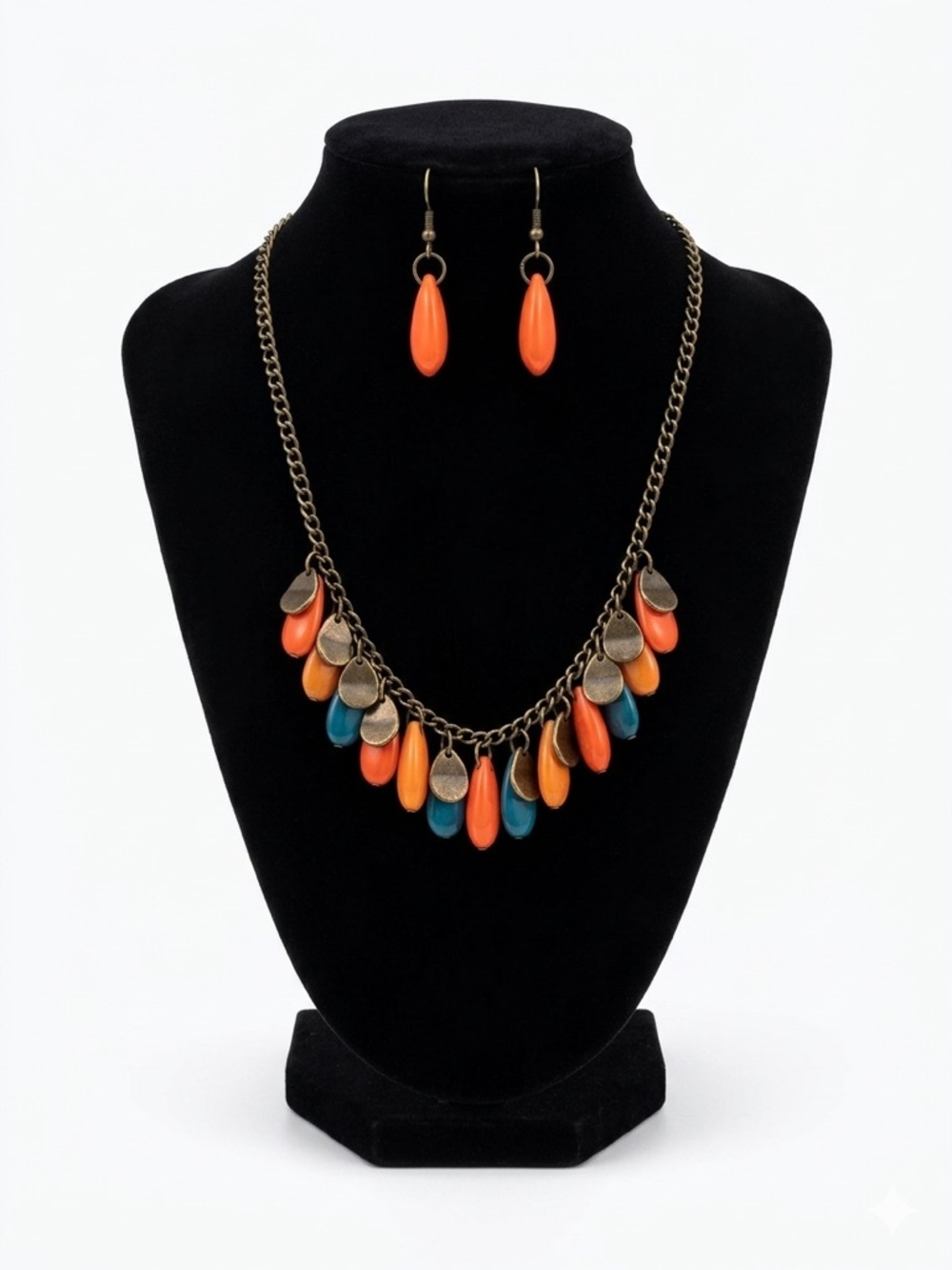 Boho Antique Bronze Teardrop Fringe Necklace & Earring Set